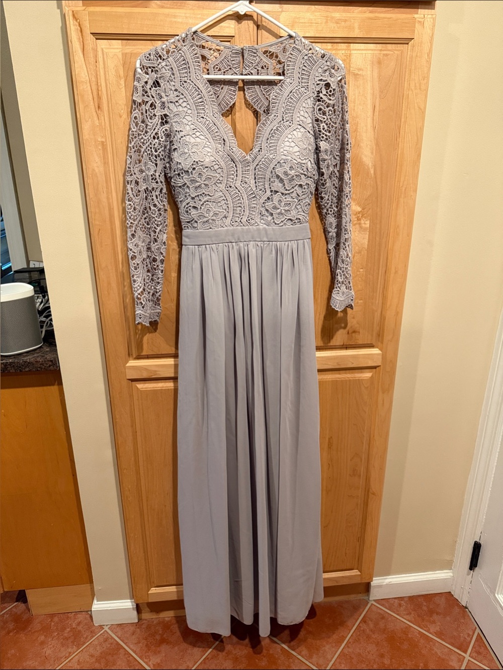 Lulus Elegant Lace Bodice Long Sleeve Maxi Dress in Light Taupe, Size Small